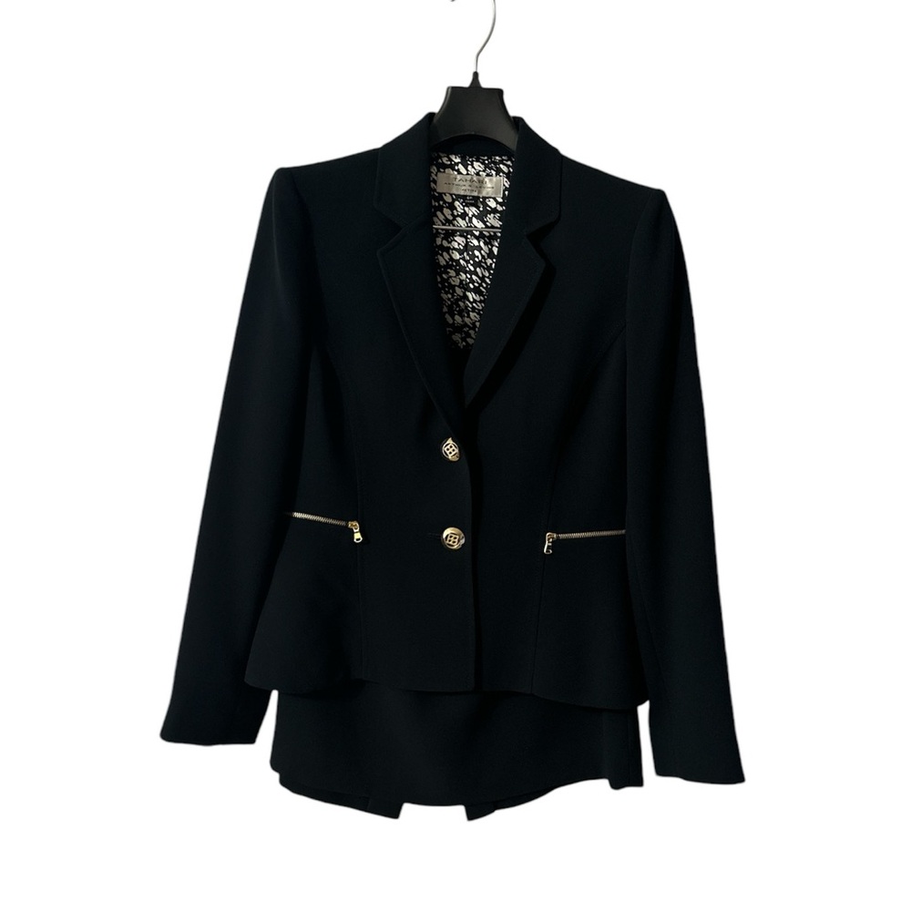 Tahari Arthur S. Levine 2 Piece Navy Blazer & Skirt Set, Size 6P, Gold Hardware